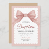 エレガントなリボン付きピンク洗礼招待状クラス 招待状 (正面/裏面)