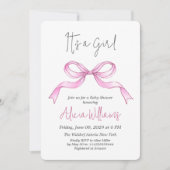 エレガントなリボン ピンクのボウ 赤ちゃんの女の子 ベビーシャワー 招待状 (正面)