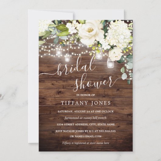 エレガントなルスティックウッドのシャンパンフローラル ブライダルシャワー 招待状 (正面)