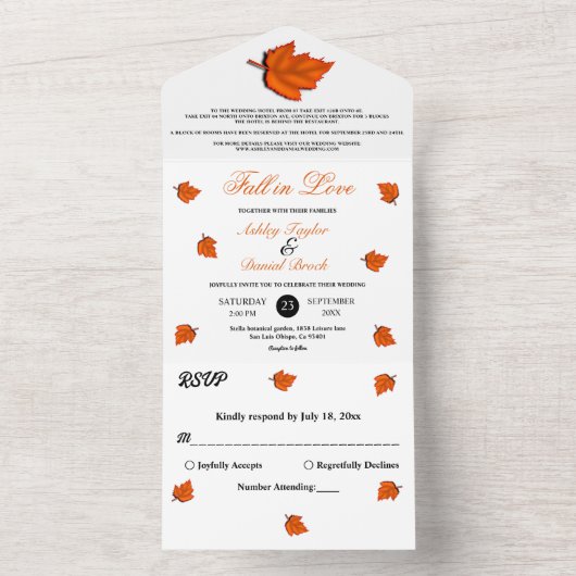 エレガントなルスティックオータムリーフチックフォールウェディング オールインワン招待状 (内側)