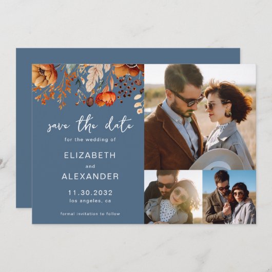 エレガントなルスティックオータム フラワーの結婚式 3枚の写真 セーブザデート (正面/裏面)