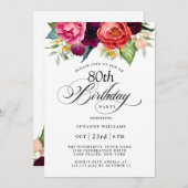 エレガントなルスティック ウォーターカラー フラワー 80歳の誕生日 招待状 (正面/裏面)