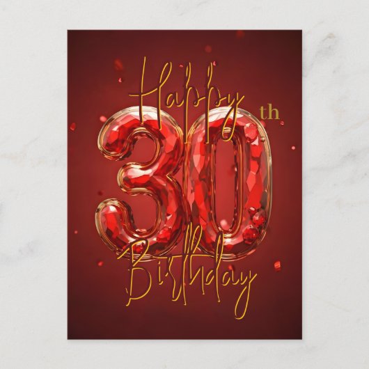エレガントなルビーとゴールドの30歳の誕生日お祝い ポストカード (正面)