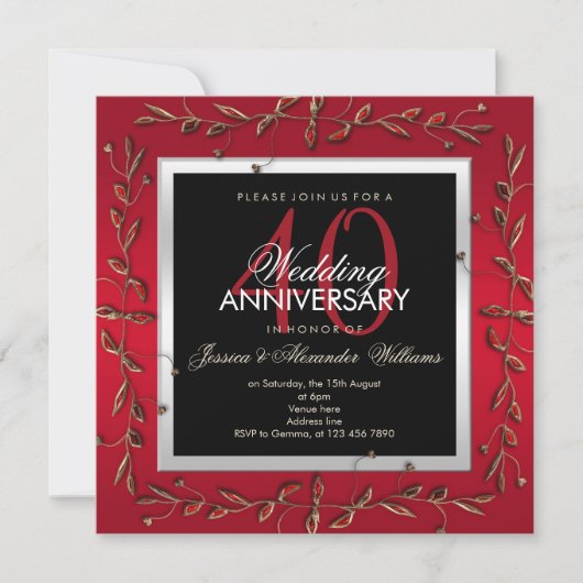 エレガントなルビーの宝石 40周年記念結婚式 招待状 (正面)