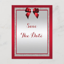 エレガントなルビーレッド&シルバーのグリッターウェディング インビテーションポストカード