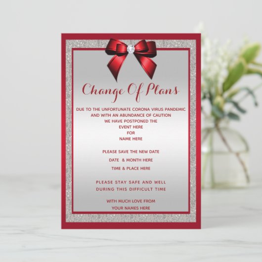 エレガントなルビーレッド&シルバーのグリッター 予定変更 セーブザデート (スタンド正面)