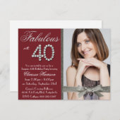 エレガントなルビー色の赤いグリッターのラインストーンのすてきな40写真 招待状 (正面/裏面)