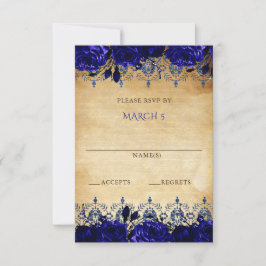 エレガントなルースチック ヴィンテージ ロイヤルブルー フローラル 出欠カード