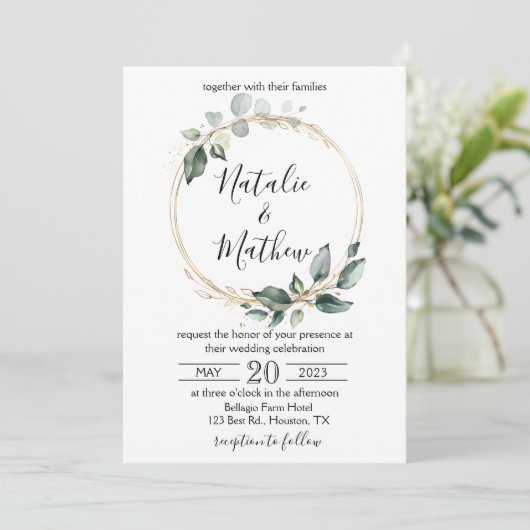 エレガントなルーストチック ユーカリの葉のグリーン ウェディング 招待状 (スタンド正面)