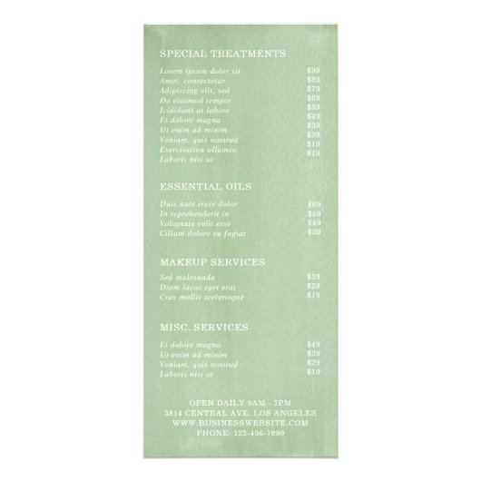 エレガントなルースドスタイルの緑豊かな美容院料金表 ラックカード (裏面)