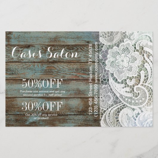 エレガントなルーラルカントリー風の白レースと青い納屋の木 チラシ (正面)