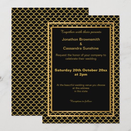 エレガントなレイヤードゴールドブラック マーメイドスケールパターン 招待状 (正面/裏面)