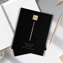 エレガントなレザープリント ブラック＆ゴールド モノグラム スパイラル ノートブック