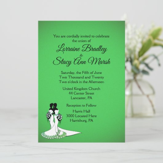 エレガントなレズビアンウェディング招待状 グリーン 招待状 (スタンド正面)
