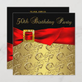 エレガントなレッドゴールドブラック 女性の50歳の誕生日パーティー 招待状 (正面/裏面)