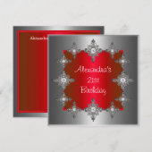 エレガントなレッドシルバージュエルフレーム誕生日 招待状 (正面/裏面)