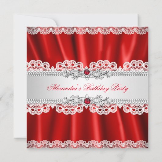 エレガントなレッドパールダイヤモンドレースパーティー 招待状 (正面)