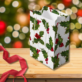 エレガントなレッドホーリークリスマス ミディアムペーパーバッグ