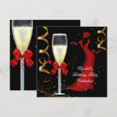 エレガントなレッド ゴールド ブラック バースデーパーティー シャンパン 招待状 (正面/裏面)