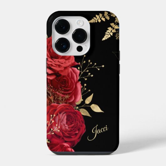 エレガントなレッド ローズ ゴールドリーフ iPhoneケース (裏面)