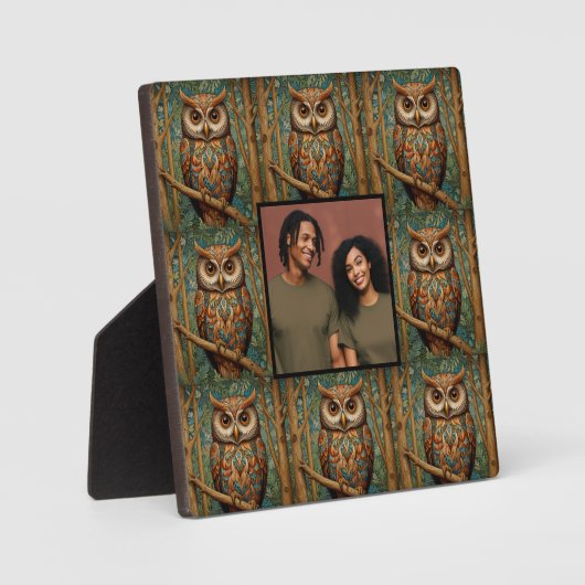 エレガントなレトロなフクロウの森の緑豊かな写真テンプレート フォトプラーク (正面)