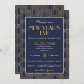 エレガントなレトロブルーゴールドデコ新年のパーティー 招待状 (正面/裏面)