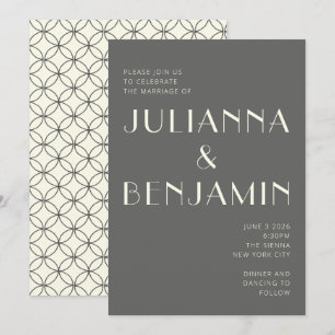 エレガントなレトロ ブラックアンドホワイト ラインアート ウェディング 招待状