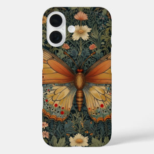 エレガントなレトロ・ボヘミアン風の蝶と植物の緑 iPhone 16ケース