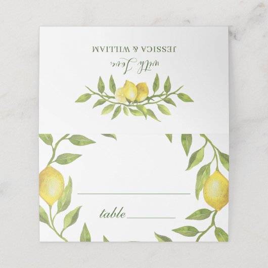 エレガントなレモンの水彩グリーンウェディングプレースカード プレイスカード (外部開封)