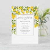 エレガントなレモンの花と緑の葉のベイビーシャワー 招待状 (スタンド正面)