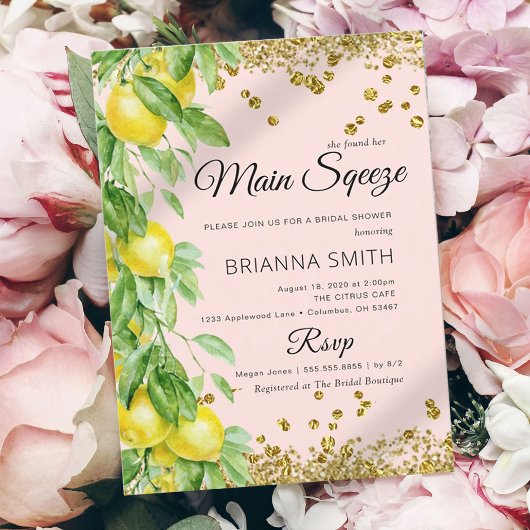 エレガントなレモンゴールドグリッター ブライダルシャワー 招待状