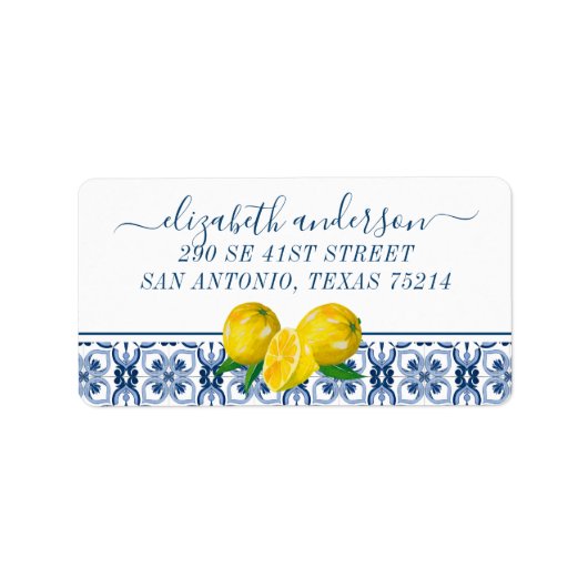エレガントなレモン イタリアンブルータイル 返信住所ラベル ラベル (正面)