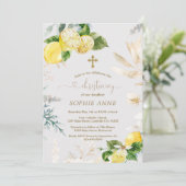 エレガントなレモン フルーツ ゴールド フラワーの女の子の洗礼 招待状 (スタンド正面)