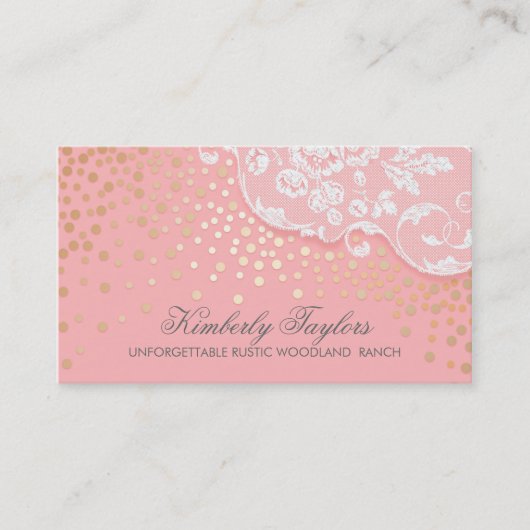 エレガントなレースおよび金ゴールドの紙吹雪のピンクのヴィンテージ 名刺 (正面)