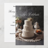 エレガントなレースのような見た目のアニバーサリーケーキ　フラワートップ付き 招待状 (正面/裏面)