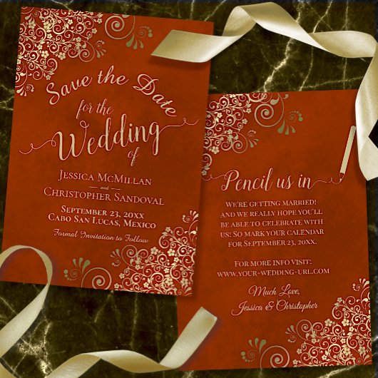 エレガントなレースのゴールドフィリグリーが施されたサビオレンジのウェディング セーブザデート