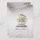 エレガントなレースのティーカップ ブライダルシャワーティーパーティー 招待状 (正面/裏面)