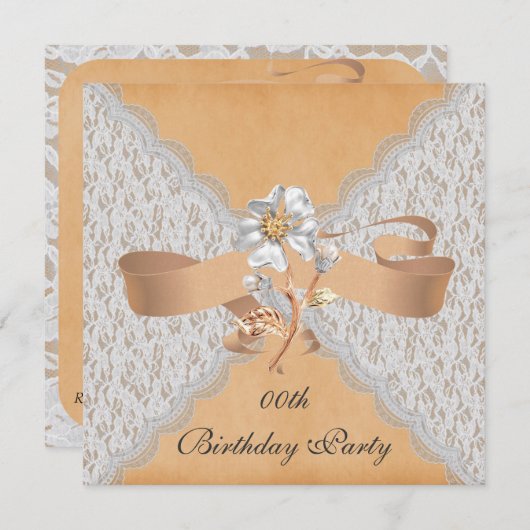 エレガントなレースのバースデーパーティ招待状 招待状 (正面/裏面)