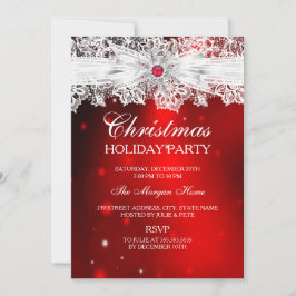 エレガントなレースのボウが赤いクリスマスホリデーパーティー 招待状