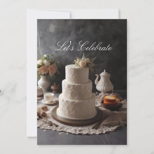 エレガントなレースの模様が美しいアニバーサリーケーキの花の飾り 招待状 (正面)