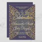 エレガントなレース インディゴ＆ゴールド モダン ミニマリスト 招待状 (正面/裏面)