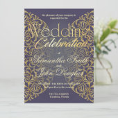 エレガントなレース インディゴ＆ゴールド モダン ミニマリスト 招待状 (スタンド正面)