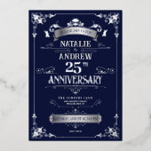 エレガントなロイヤルネイビーのシルバーウエディングアニバーサリー 箔招待状 (正面)