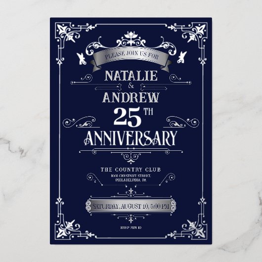 エレガントなロイヤルネイビーのシルバーウエディングアニバーサリー 箔招待状 (正面)