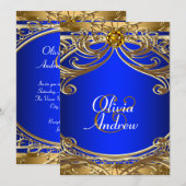 エレガントなロイヤルブルーとゴールドのウェディング 招待状 (正面/裏面)