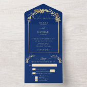 エレガントなロイヤルブルーとゴールドの葉のウェディングアーチ オールインワン招待状 (内側)