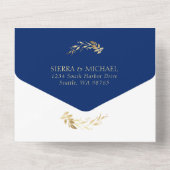 エレガントなロイヤルブルーとゴールドの葉のウェディングアーチ オールインワン招待状 (裏面)