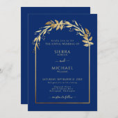 エレガントなロイヤルブルーとゴールドの葉のウェディングアーチ 招待状 (正面/裏面)
