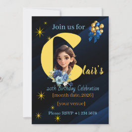 エレガントなロイヤルブルーとゴールドの20歳の誕生日 招待状