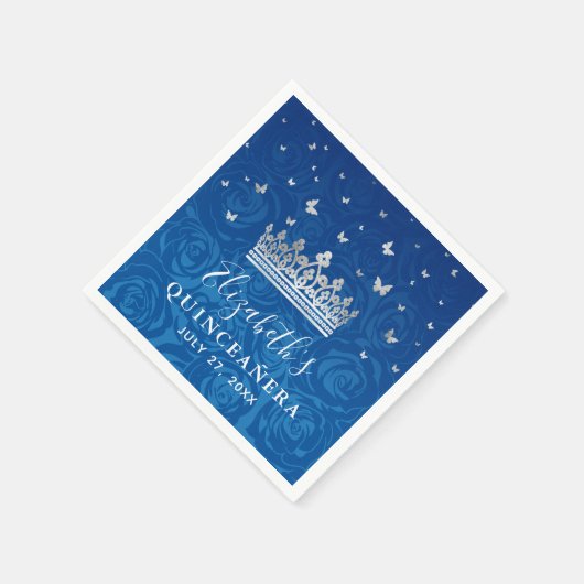 エレガントなロイヤルブルーとシルバーのクラウンクィンセアネラ スタンダードカクテルナプキン (角)